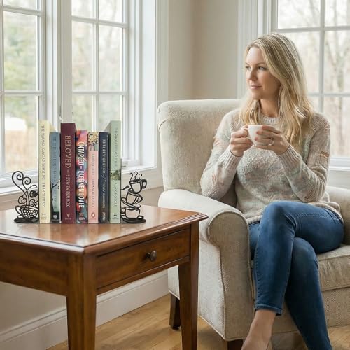 Creative Coffee Cup Decorative Bookend for Shelves, Metal Bookends for Heavy Books, Unique Cute Cookbook Organizer Book Holder for Kitchen Housewarming Cooking Book Lover Gifts - color: Black