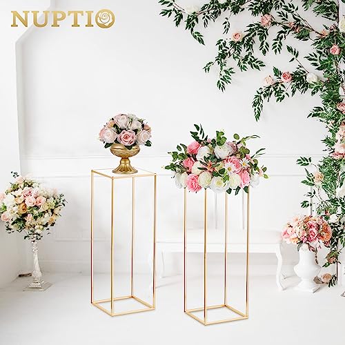 NUPTIO 2 Pcs Metal Flower Floor Vase Column Geometric Centerpieces Flower Stand for Tables, 31½ inch Tall Gold Flower Holder for Home Party Wedding Decorations, Rectangular Display Rack - size: 31½" H x 2 Pcs
