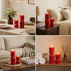 Red Ribbed Flameless Pillar Candles with Remote, Battery LED Wax Candles Flickering Valentines Day Decor Gift Set of 2 - color: Red