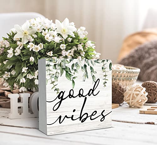 SRADMO Botanical Eucalyptus Leaves Wood Box Sign Desk Decor, Rustic Eucalyptus Leaves Wooden Block Box Sign Decoration For Home Office Shelf Table Decor - color: white, size: 5″×5″