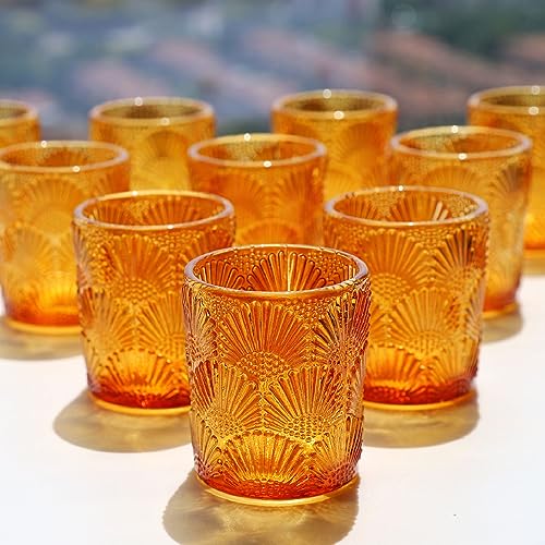 Woho 12Pcs Amber Votive Candle Holders, Glass Amber Candle Holder for Fall Wedding, Boho Tea Lights Candle Holder for Halloween Thanksgiving Centerpieces Table Decoration - color: Amber