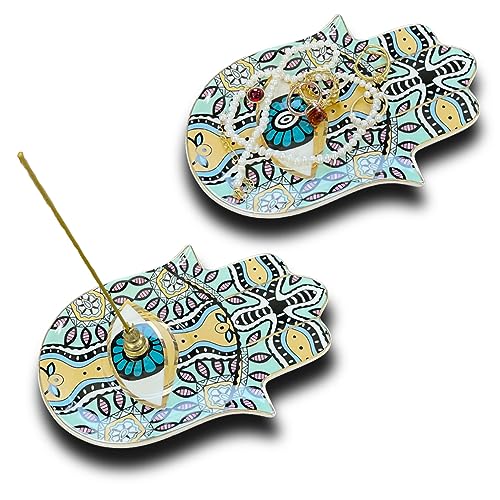 Ceramic Hamsa Hand Incense Holder - 2 in 1 Brass Incense Holder for Sticks and Coil Incense- Zen Decor with Hand of Fatima Design Protection from Evil - 6.2" L X 4.5" W (Green) - color: Green