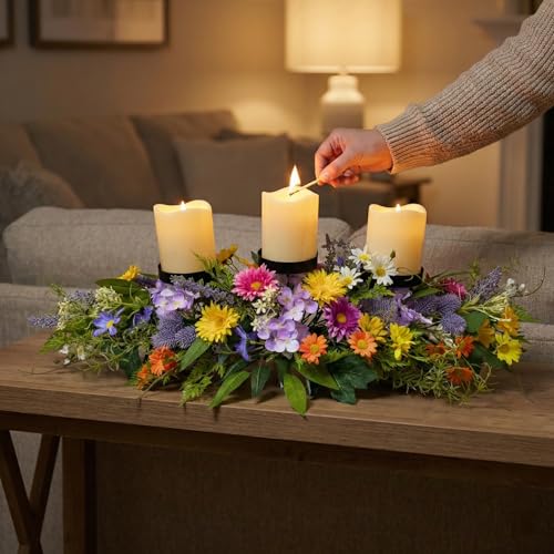 26 Inch Spring Summer Centerpiece with 3 Candle Holders Floral Table Centerpiece with Daisies and Wildflowers for Dining Table Mantel Wall and Farmhouse Table Decoration