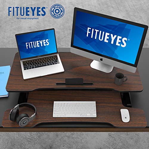 FITUEYES Height Adjustable Standing Desk 36” Wide Sit to Stand Converter Stand Up Desk Tabletop Workstation for Laptops Dual Monitor Riser Brown SD309102WE - color: Brown