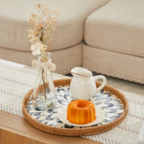 Shellac Rattan Tray with Mother of Pearl Inlay, Round Decorative Serving Tray for Home Décor Coffee Table Storage and Display, 100% Natural Materials - Ottoman Tray Black 12" - color: Black, size: 12"