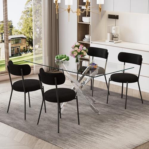 5 Piece Rectangular Glass Dining Table Set, 63'' Modern Kitchen Table Set Silver Base with 4 Minimalism Black Boucle Dining Chairs, Dining Table and Chairs for Home, Apartment - color: Silver+black Chairs, size: 63'' + 4 Chairs