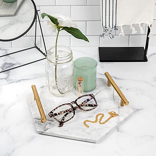 White Marble Tray with Gold Handles - Solid Marble Perfume Tray for Vanity - Chic Modern Hexagon, Room Decor Elegant Bathroom Tray (Hexagon, White) - size: Hexagon 12" x 12" x 3"