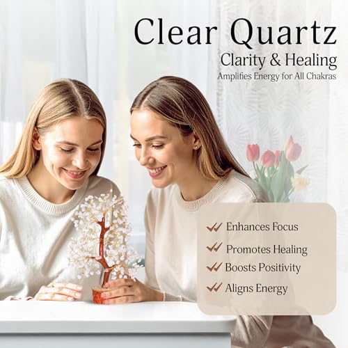 YATSKIA Clear Quartz Crystal Tree for Home Decor, Handmade Gemstone Tree for Positive Energy, Good Luck Birthday Gifts for Women - color: Clear Quartz Golden Wire