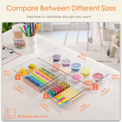 Criusia Drawer Organizer, 10 Pack Large Clear Plastic Set, 3 Size Versatile Bathroom and Vanity Organizer Trays, Storage Bins for Makeup, Bedroom, Kitchen Utensils - size: 10PACK