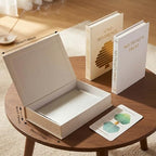 Decorative Book Box Set of 3 with Storage - Linen Hardcover Faux Books for Coffee Table, Bookshelf - Includes Energy Card & Keepsake Gift (Beige)