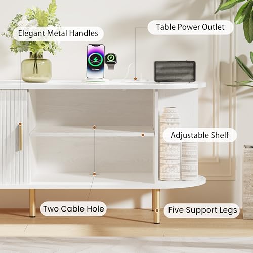 DHH 63 Inch Mid Century Modern TV Stand with Power Outlet for TVs up to 70 Inch, Entertainment Center with Storage and Adjustable Shelves, Media Console with Sliding Doors for Living Room(White) - color: White, size: 63 Inch