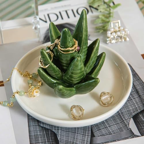 Aloe Ring Holder Dish, Ceramic Jewelry Tray Trinket Dish for Necklace Keychain Organizer, Cute Funny Birthday Wedding Mothers Day Gift for Women Friends Girls - style: Aloe