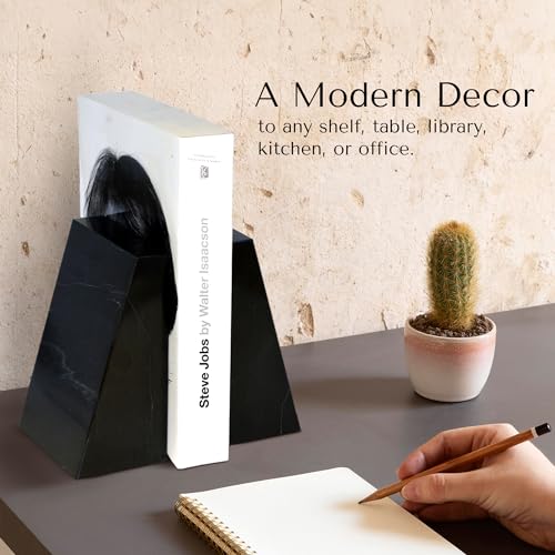 Modern Wedge Marble Bookends – Hand Carved, Polished Stone Bookends w/Non-Slip Rubber Pads – Lightweight & Compact Decorative Bookends - Versatile, Luxury Book Organizer for Shelf & More - color: Jet Black