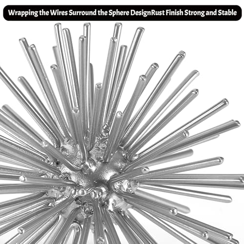 Silver Sphere Decor, Metal Starburst Tabletop Sculpture Decor, Mid-Century Modern Metal Starburst Centerpiece, Spike Ball Decoration for Home, Coffee Table Decor - color: Silver-starburst-4.2"