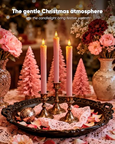 Homemory 6 Pcs Real Wax Pink Flameless Taper Candles with Remote Timer, 9.6 Inches LED Fake Candlesticks, LED Candle with 3D Flickering Flame for Romantic Wedding, Dinner, Xmas Anniversary Decor - style: Romantic - Pink 9.6"