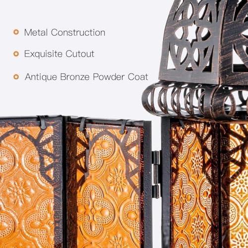 NEEDOMO 11'' Moroccan Lanterns Decorative Indoor & Outdoor, Vintage Christmas Candle Holder, Metal Lanterns Decorative, Table, Patio, Porch, Shelf, Christmas Spring Halloween Home Decor (Amber) - color: Amber, size: Medium