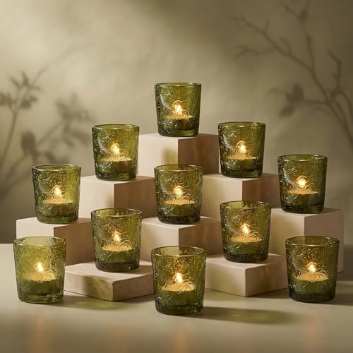 12 Pack Hummingbird Embossed Glass Candle Holders – Votive Tealight Holders with Patent Design, Decorative Embossed Glass Cups for Wedding Centerpieces, Parties, and Home Décor (Moss Green) - color: Moss Green