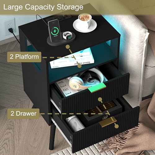 JOONEE Black Nightstand with Charging Station and LED Lights,Modern Bedside Table with 2 Storage Drawer and Open Wood Shelf, for Bedroom and Small Spaces,Night Stand with Solid Wood Legs,Black - color: Black