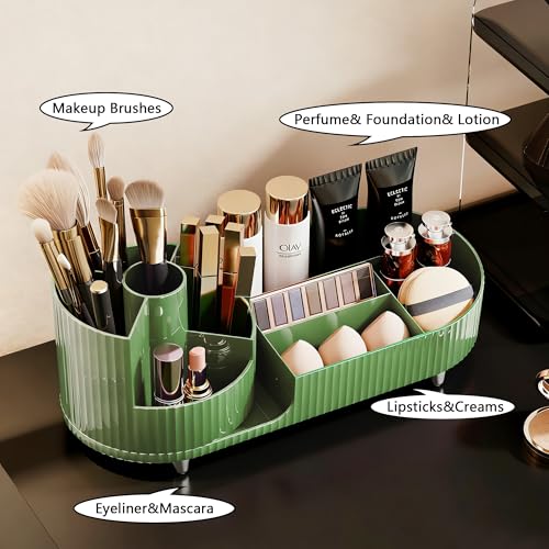 Rotating Makeup Organizer for Vanity with Brush Holder, Cosmetic Makeup Storage Organizer, Large Spinning Makeup Skincare Organizer, Countertop Makeup Perfume Organizer, Lotions Display Case Green - color: Green