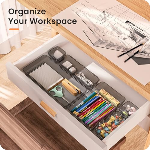 A-LuGei 【Military Grade】 Drawer Organizer, 【𝟱𝗦𝗶𝘇𝗲】 Clear Makeup organizer, 【Holds 177 Items】 Bathroom Organizers and Storage, Plastic Desk Organizer Divider, Organizer Bins for Office Vanity - color: Clear Black