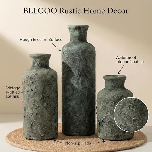 Vintage Ceramic Flower Vase Set of 3, Rustic Farmhouse Vase for Home Decor, Distressed Decorative Vase for Table Entryway Mantel Centerpiece Living Room Bathroom Bedroom (Patina Gray) - color: 116-patina Gray