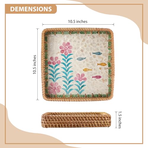 1 pcs Rectangle Rattan Serving Tray with Mother of Pearl Inlay, Decorative Wicker Tray for Coffee, Bread, Fruits, Elegant Table Decor for Living Room & Dining Room - color: Pink-green & Pink Floral