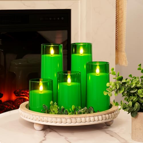 Homemory Green Flickering Flameless Candles, Battery Operated Acrylic LED Pillar Candles with Remote Control and Timer, Set of 5, St. Patrick's Day - color: Green