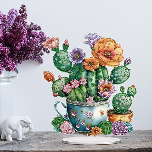 5D Tabletop Diamond Art Kit, Stand Up Special Shaped Crystal Diamond Art Desktop Kits for Adults, DIY Diamond Painting Kits Craft Gift - Cactus Pots - color: Cactus Pots