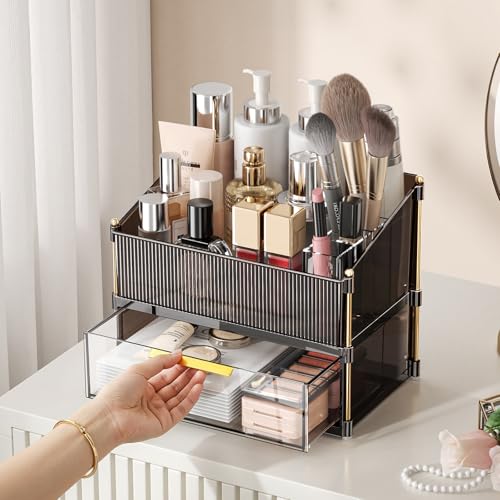 INVSSENE Stackable Makeup Organizer Countertop, Storage Perfume Skincare Cosmetic Lipstick Face Mask Makeup Brush Palettes, Ideal for Vanity Bathroom Counter - color: 3514 Coffee+Clear