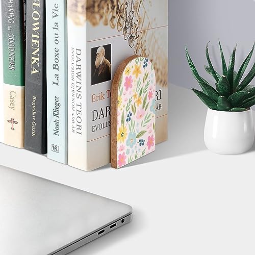 Cute Watercolor Leaves Floral Book Ends Decorative Wood Bookends for Shelves Kids Room Desk Home Office Book Stoppers for Magazines,Books, DVDs, 1 Pair/2 Pieces(5x3.1 in)