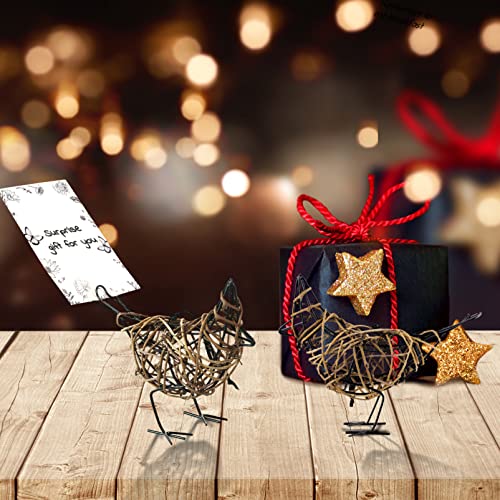 Natural Rattan Bird Sculptures Set of 2 - Christmas Ornament - Handwoven Metal Wire Figurine Table Decor, Rustic Farmhouse Accent with Memo Clip & (6x5.5x2.3in) - color: Coffee2