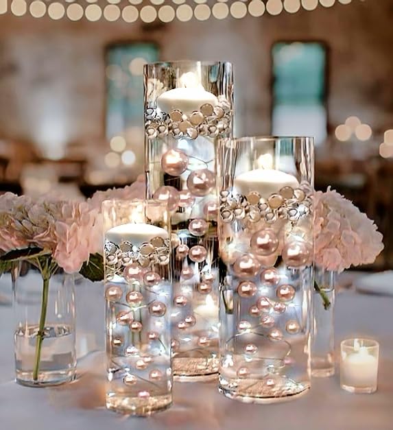 75 Floating Rose Gold Pearls - Shiny - Jumbo Sizes - with Must Have Tranparent Water Gels KIT for The Best Floating Effect - Fills 1 GL of Gels for Vase Decorations-White Submersible Fairy Lights - color: Rose Gold, size: 1pk+litew