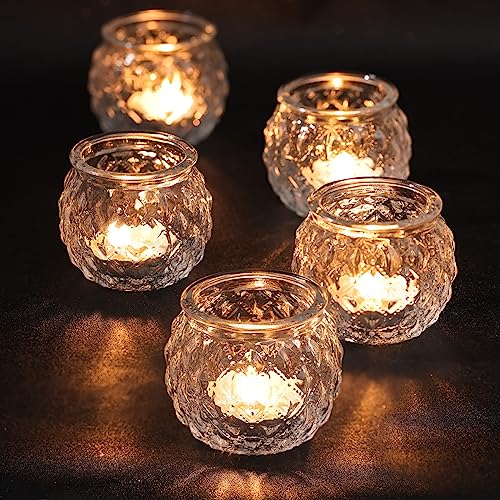 DARJEN Clear Votive Candle Holders Set of 24- Round Glass Candle Holders Bulk for Tea Light Candle, Diamond Texture Candle Votives for Wedding Centerpiece, Living Room & Home Table Decor - color: Clear