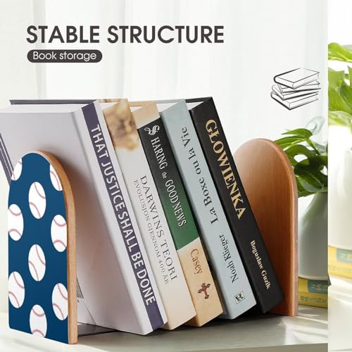 Wooden Bookends 2 Pcs,Baseball Pattern Heavy Duty Office Book Ends Anti Slip Book Shelf Holder with Metal Base Decorative Book Stands - color: Baseball Pattern