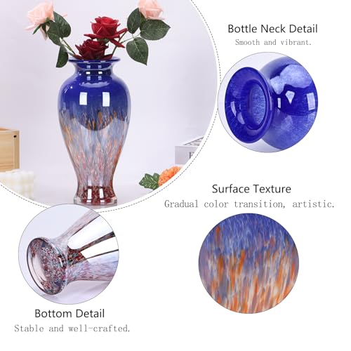 Hand Blown Glass Vase 11.8" Tall Beautiful Dark Blue Sea Wide Mouth Bud Vase for Table Centerpiece, Painted Colorful Murano Glass Flower Vases for - Home Entrance Wedding Center - color: Blue