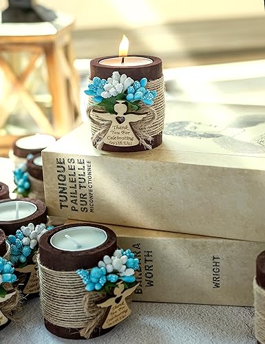 Ju's Favors Wooden Candle Holders Set of 10 for Baptism Favors for Guests, Christening Party Favors. (Dark brown - blue) - color: Dark Brown - Blue