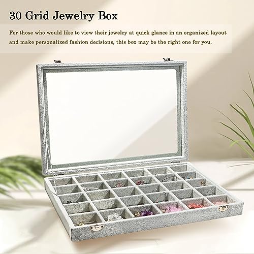 Stratalife Jewelry Organizer Jewelry Holder Storage Earring Organizer Box Tray with Lid Velvet Earring Display for Drawer 30 Grid Grey - color: Gray, size: 24 Grid