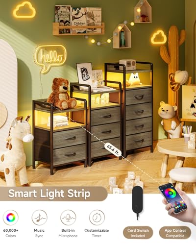 Lazzanto Night Stand Bedside Charger Bedroom - Grey Nightstand with Charging Station & LED Light Strip, Morden End Table with USB Ports & AC Outlets, Night Stand with Storage Shelf & 2 Fabric Drawers - color: Grey, size: 2 Drawers