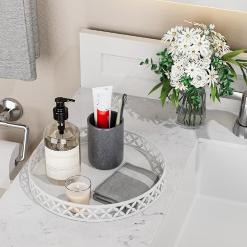 EKNITEY Bathroom Trays for Counter - 11 Inch White Decorative Tray Countertop Cosmetics Vanity Perfume Organizer Storage Tray for Bathroom - color: Floral-white