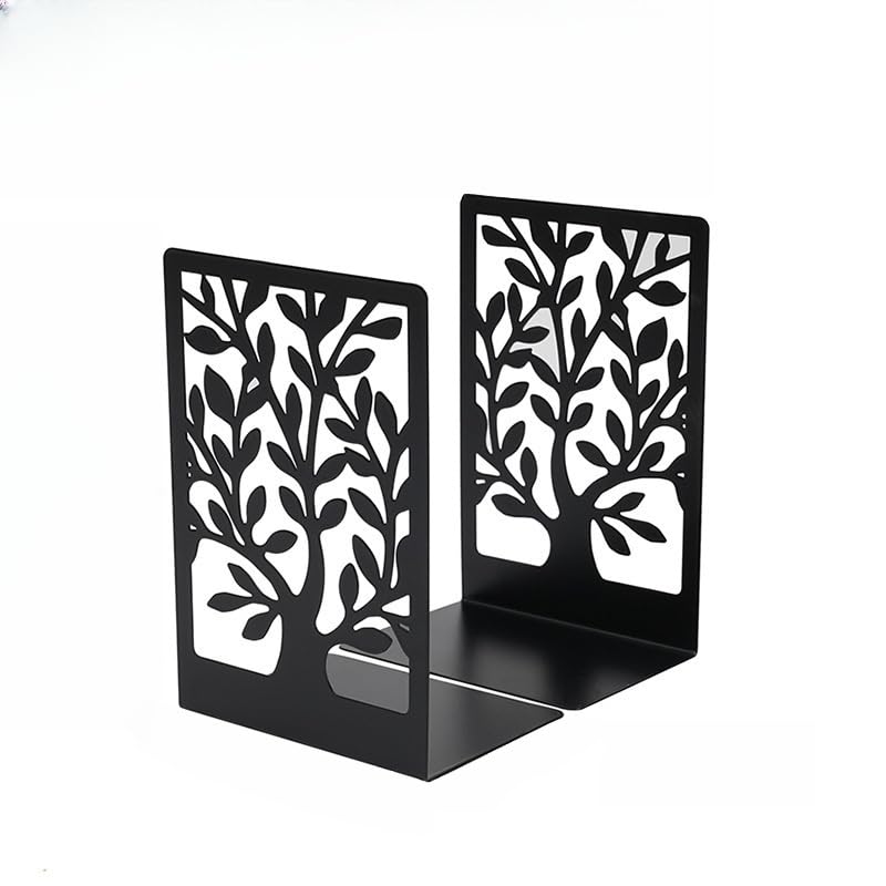 Book Ends, Metal Bookends for Shelves Decorative, Tree Stopper for Heavy Books for Office Home Kitchen, Black(1 Pairs/2 Pcs, Large)