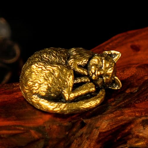 CHOVY Vintage Brass Sleeping Cat Statue - Solid Handcrafted Curled Up Feline, Cozy Desk Sculpture for Study, Bedroom Shelf & Soothing Decor Gift for Stress Relief & Cat Lovers - color: Lying Cat