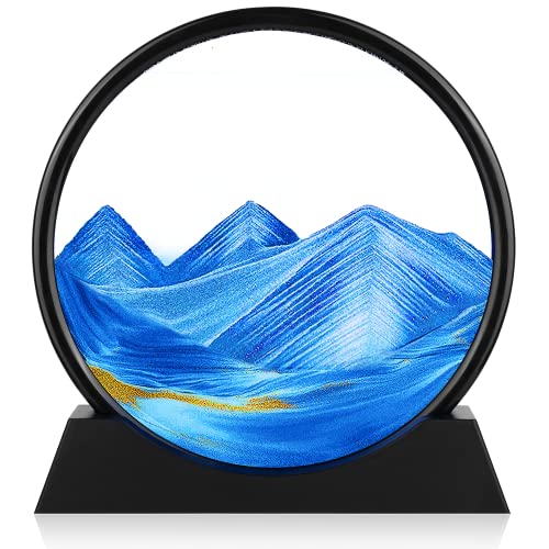 Herecanli Moving Sand Art Picture - 3D Quicksand Painting Decor - Round Glass 3D Deep Sea Sandscape - Relaxing Decoration for Home,Office,Desk,Mantle,Bookshelf,Room- (Blue, 12 in) - color: Blue, size: 12"