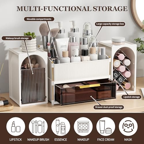 INVSSENE Stackable Makeup Organizer Countertop, Storage Perfume Skincare Cosmetic Lipstick Face Mask Makeup Brush Palettes, Ideal for Vanity Bathroom Counter - color: 3516 White+Coffee