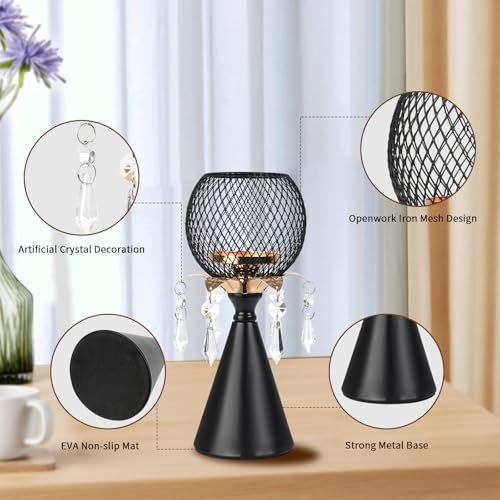 Black Metal Mesh Candle Holder with Crystal Pendants, 9.0" Decorative Pedestal Design, Candlestick with Diamond Globe Centerpiece for Holiday&Valentine's Day&Home Decor, Matte Finish, 1 Pack - color: Black