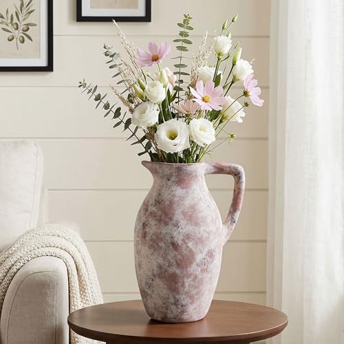 Ceramic Vase with Handle, 9.65 inch Tall Flower Vase Large Floor Vases Home Decor Coffee Table Decor for Living Room Bathroom Farmhouse Modern Boho Centerpieces Bookshelf Kitchen (Terra) - color: D-9.65"h-terra
