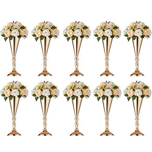 NUPTIO Tabletop Metal Wedding Flower Trumpet Vase Table Decorative Centerpiece Artificial Flower Arrangements for Anniversary Ceremony Party Birthday Event Aisle Home Decoration (10 x M, Gold) - color: Gold, size: 14 inch x 10 Pcs