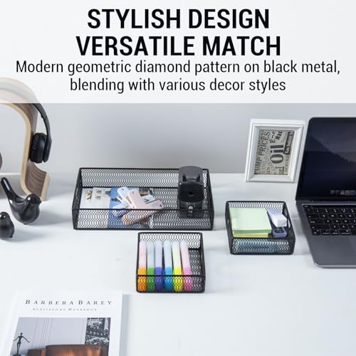 MyGift Modern Geometric Diamond Pattern Black Metal Wire Tabletop Organizer Trays, Office Desk Supplies Nesting Bins, Makeup Accessories Drawer Storage, 3 Piece Set - color: Black