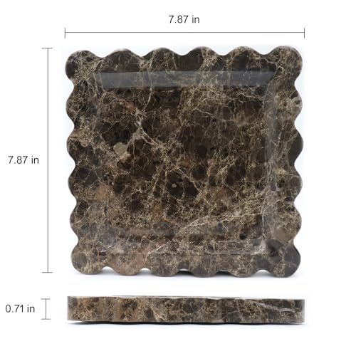 Square Marble Decorative Tray with Scalloped Edge, Luxury Natural Stone Bathroom Vanity Tray, Dresser Top Perfume Coffee Home Kitchen Sink Tray, Key Trinket Ring - color: Dark Emperador