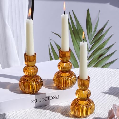 Woho Amber Taper Candle Holders 4.3" H for Halloween/Thanksgiving Decorations, Set of 3 Ribbed Glass Candlestick Holders Vintage for Fall Wedding, Boho Candle Sticks Holder Decor for Dining Table - color: Amber