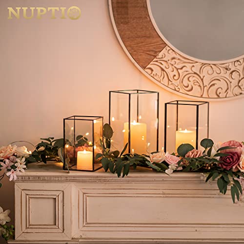 Nuptio Glass Hurricane Candle Holder for Pillar Candles 3 Pcs Black Metal Candle Holders Large Rectangular Candleholder Vase Centerpieces Decoration for Halloween Christmas Party 9.5 & 8.1 & 6.5 inch - color: Black, size: 9.5 & 8.1 & 6.5 inch H - 3 Pcs